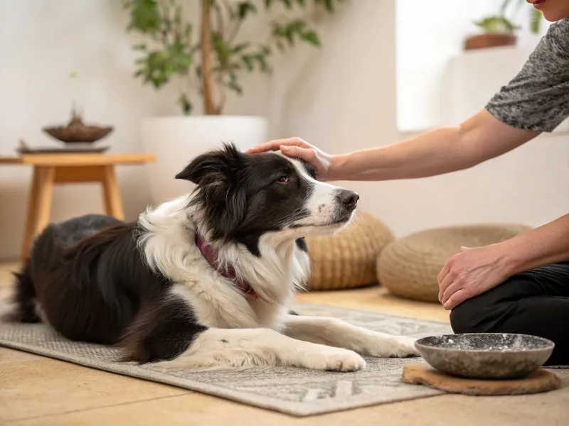 image d'un chien de race border collie qui fait une séance de relaxation avec son propriétaire