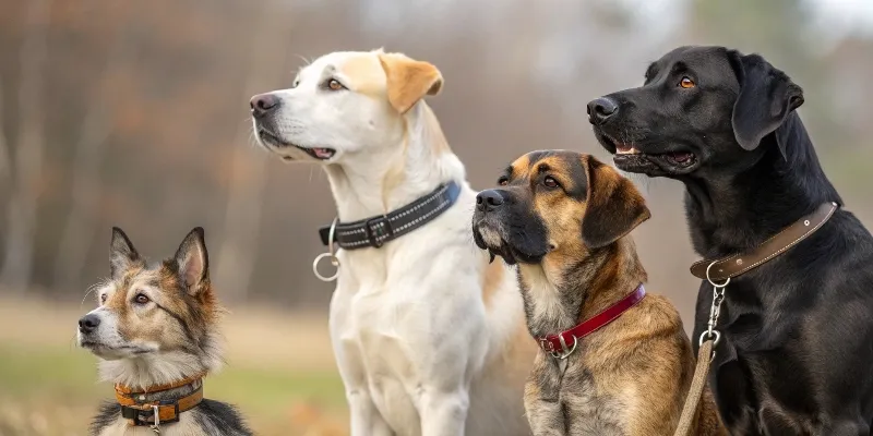 Différentes races de chiens avec diverses morphologies montrant l'importance d'adapter le système de retenue à chaque type de chien