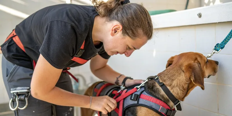Personne nettoyant et inspectant un harnais pour chien, vérifiant l'état des coutures et des fixations