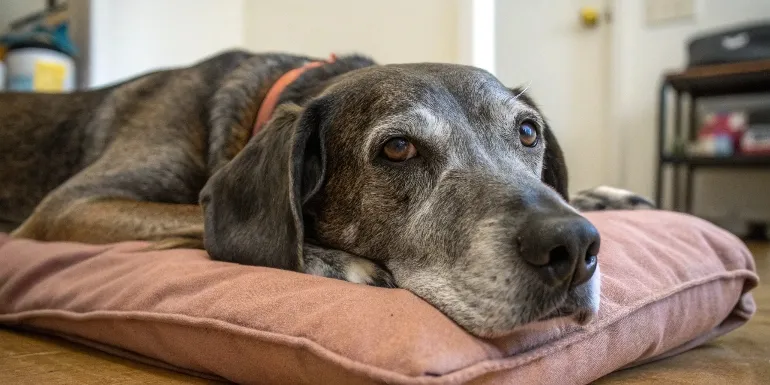 Créez une image réaliste d'un chien âgé au pelage grisonnant, allongé paisiblement sur un coussin moelleux dans un salon chaleureux. L'animal doit paraître fatigué mais serein, avec des yeux expressifs qui reflètent la sagesse de l'âge. L'éclairage doux et tamisé crée une atmosphère apaisante.