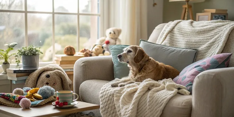 Créez une image douce et apaisante d'un salon chaleureux avec un animal de compagnie entouré de ses objets favoris. L'éclairage naturel filtre doucement par une fenêtre, créant une atmosphère sereine. Des coussins moelleux, ses jouets préférés et une couverture douillette composent un environnement réconfortant et familier.