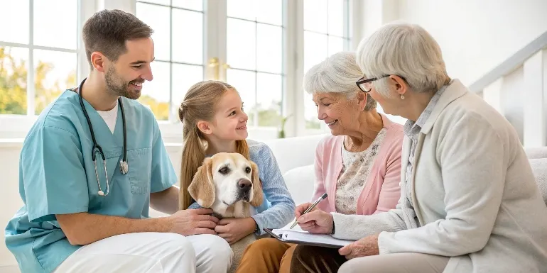 Créez une image apaisante d'une consultation vétérinaire avec une famille réunie autour d'un animal âgé. Le vétérinaire explique calmement les options de traitement dans un cabinet chaleureux et lumineux. L'atmosphère doit être sereine et bienveillante, montrant une discussion respectueuse et empathique entre professionnels et propriétaires.