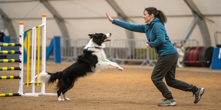 Un Border Collie et sa maîtresse exécutant une chorégraphie d'obéissance rythmée, parfaitement synchronisés sur une musique entraînante