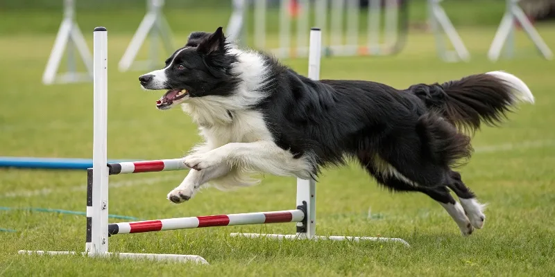 Un Border Collie dynamique sautant par-dessus un obstacle d'agility dans un parc ensoleillé