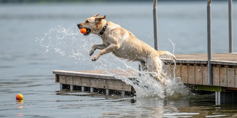 Un Labrador Retriever en plein saut depuis un quai pour attraper un jouet flottant sur l'eau, éclaboussures spectaculaires autour de lui