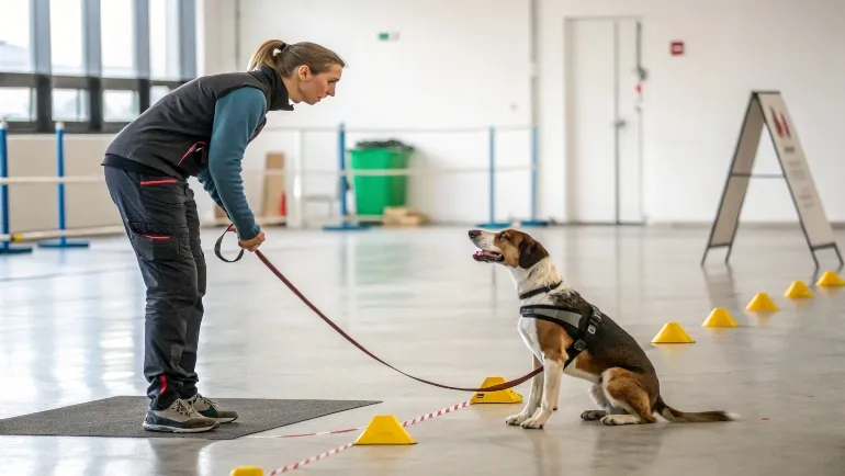 image d un chien qui fait un cours de dressage avec une éducatrice