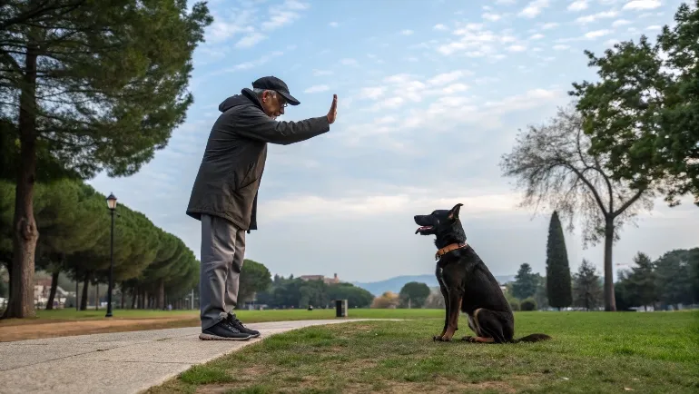 Maître montrant un signal de la main à son chien qui semble parfaitement attentif dans un parc