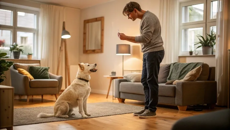 Propriétaire pratiquant des exercices de dressage scandinave dans son salon avec son chien parfaitement attentif