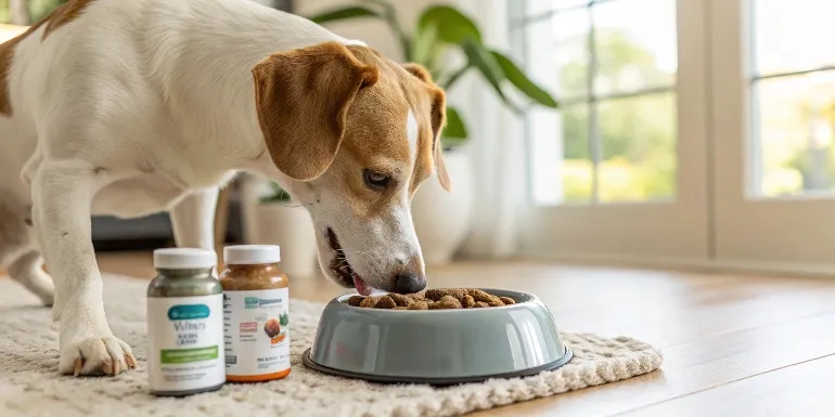 Chien mangeant une alimentation équilibrée dans sa gamelle, à côté de compléments alimentaires pour la santé du pelage