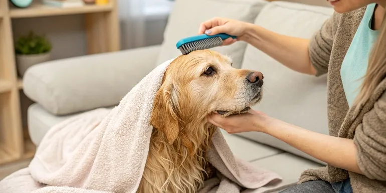 Propriétaire brossant le pelage de son chien avec une brosse adaptée après un bain avec un shampooing revitalisant spécial éclat