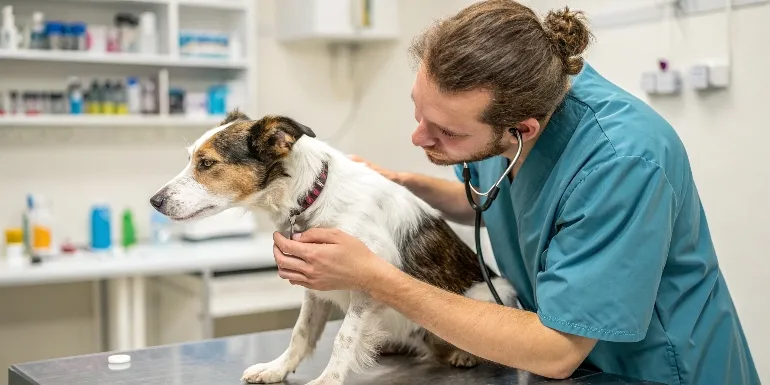 Vétérinaire examinant la peau d'un chien présentant une zone de pelage terne et clairsemé, à la recherche de signes d'affection dermatologique