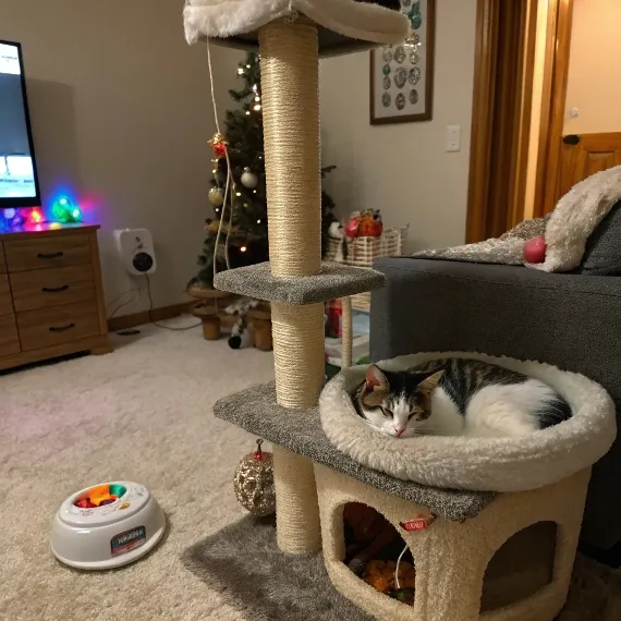 image carrée d'un chat qui dort sur son arbre a chat dans le salon familial