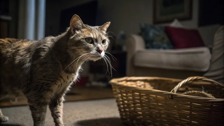 Un chat âgé au regard confus miaulant la nuit près de son panier, dans un salon faiblement éclairé, montrant des signes de désorientation