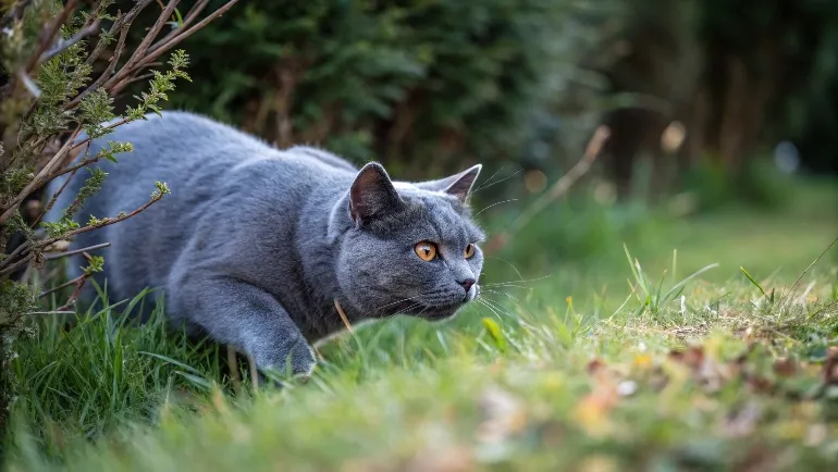 Un chat de race chartreux aux aguets en position de chasse nocturne, yeux brillants dans la pénombre