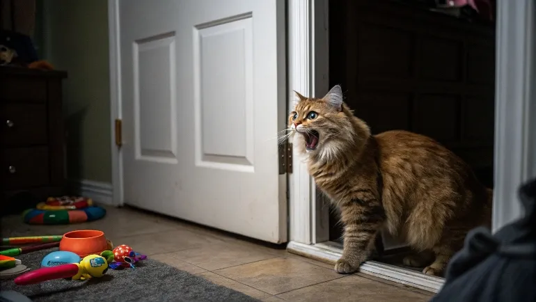 Un chat inquiet miaulant près d'une porte fermée dans une maison sombre, avec des jouets inutilisés visibles dans un coin