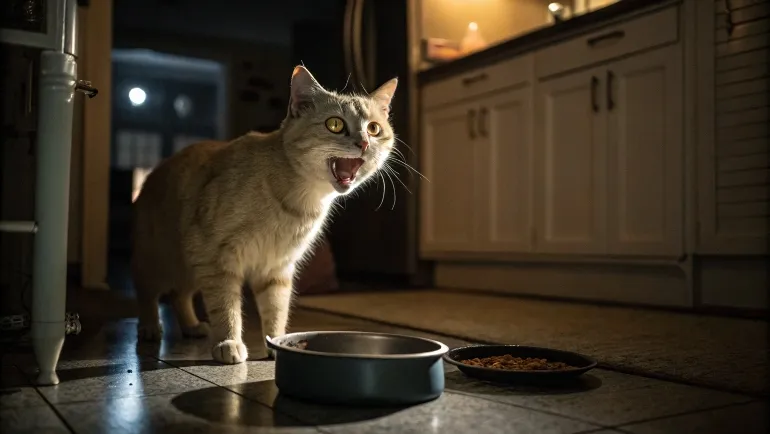 Un chat aux yeux brillants miaulant près de sa gamelle vide pendant la nuit, dans une cuisine faiblement éclairée