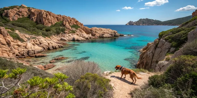 Chien explorant une crique sauvage de Corse entourée de maquis méditerranéen parfumé, eaux turquoise cristallines, falaises de granit rose et végétation typique corse sous un ciel azur méditerranéen
