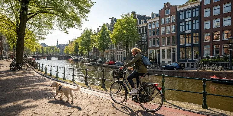 Scène urbaine d'Amsterdam avec un propriétaire à vélo accompagné de son chien le long d'un canal bordé de maisons typiques colorées, ambiance décontractée et ensoleillée typique des capitales européennes dog-friendly