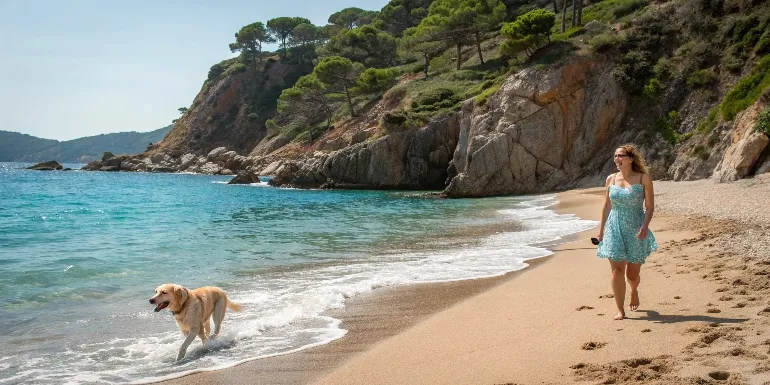 Une femme souriante se promène sur une plage de sable doré de la Costa Brava avec son chien golden retriever, parasols colorés et eaux turquoise en arrière-plan, ambiance détendue et ensoleillée