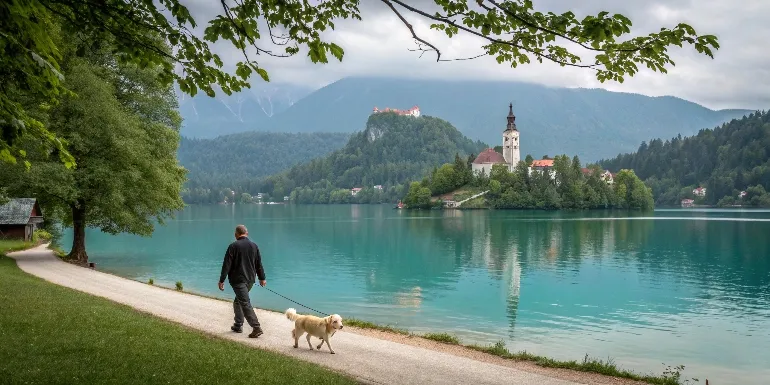 Propriétaire se promenant avec son golden retriever au bord du lac de Bled en Slovénie, château perché sur l'îlot central, eaux turquoise reflétant les Alpes juliennes, ambiance paisible et romantique typique des lacs alpins