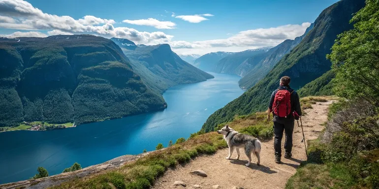 Randonneur avec son chien husky sur un sentier dominant un fjord norvégien spectaculaire, eaux bleues profondes entourées de montagnes verdoyantes, ciel nordique lumineux et nature sauvage préservée