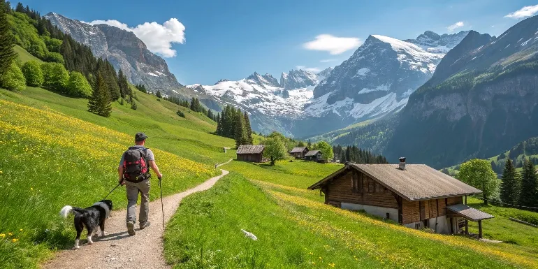 Randonneur et son chien border collie sur un sentier alpin suisse avec vue panoramique sur les sommets enneigés, prairies alpines verdoyantes, chalets traditionnels en bois et ciel bleu éclatant typique des Alpes