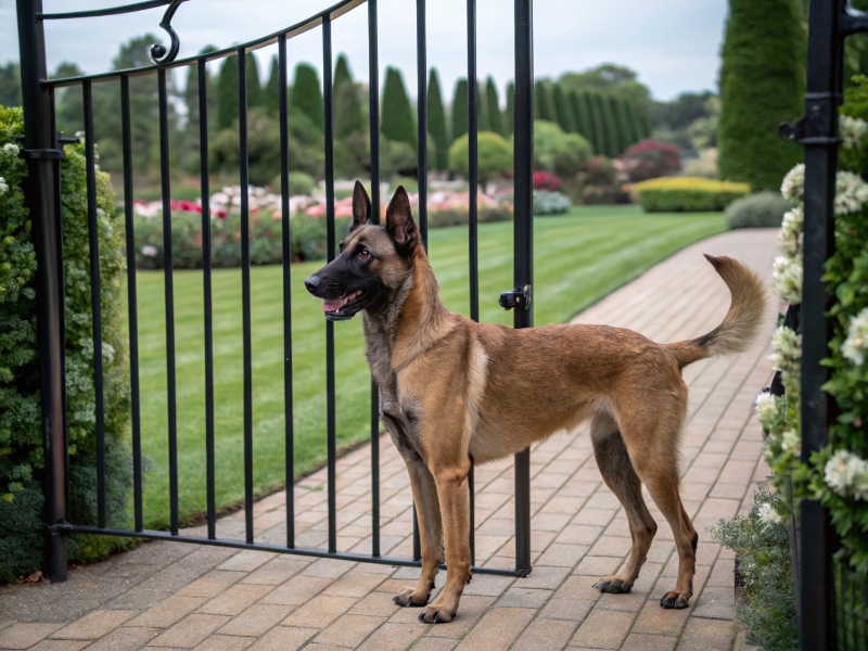 image chien de race berger belge malinois devant un portail